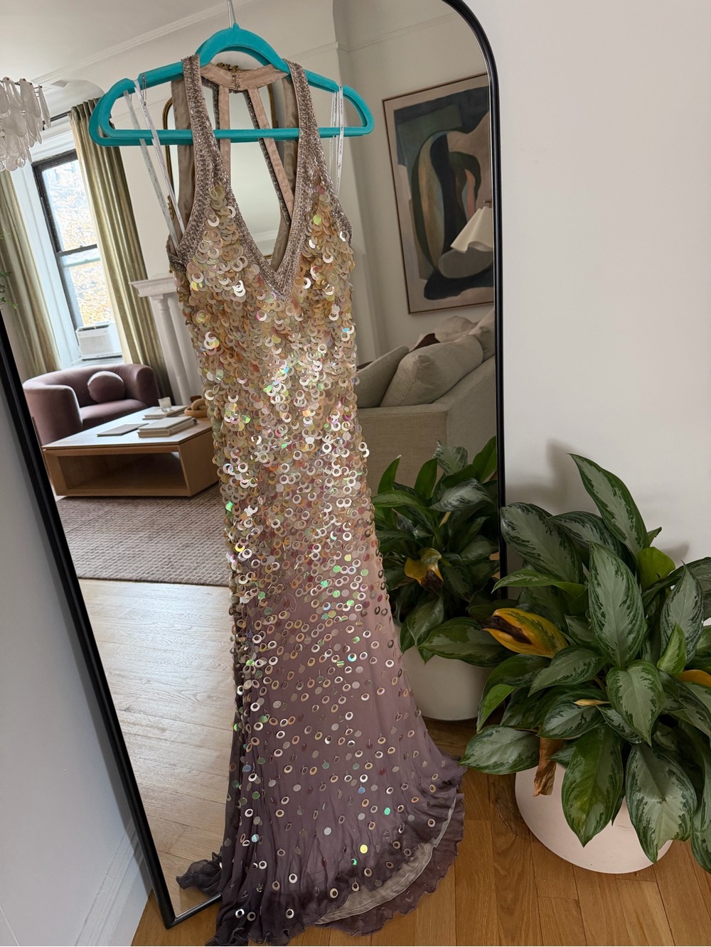 Sue Wong Gold Sequin Halter Maxi Dress - Picture 5 of 8